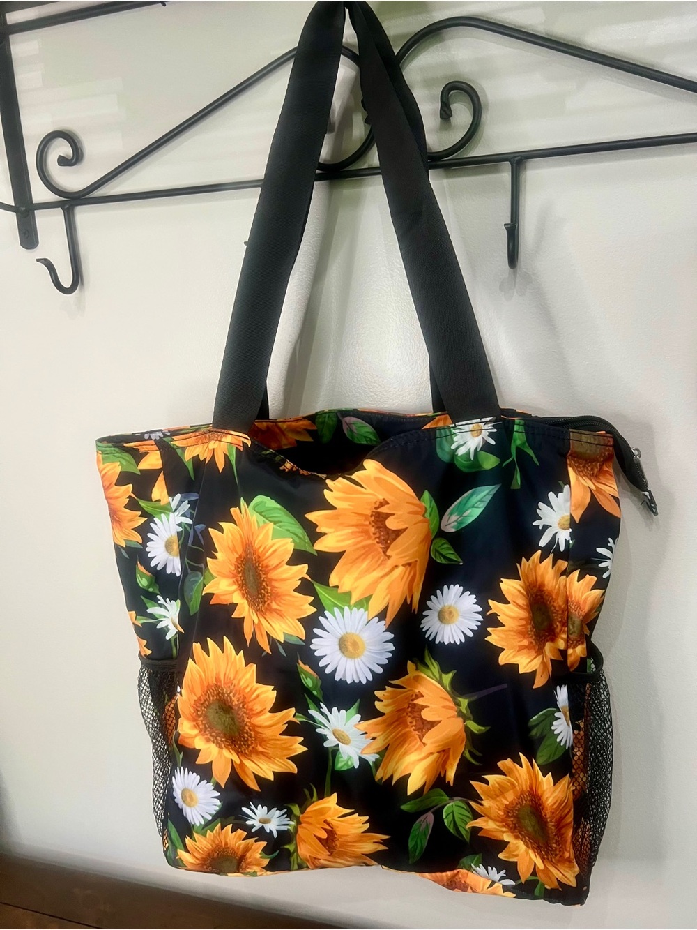 Black Sunflower Tote Bag with Daisy Print